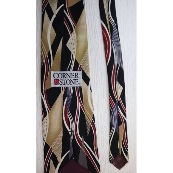 CORNERSTONE - MEN'S BLACK RED BEIGE GEOMETRIC PRINT NECKTIE - Picture 6 of 6